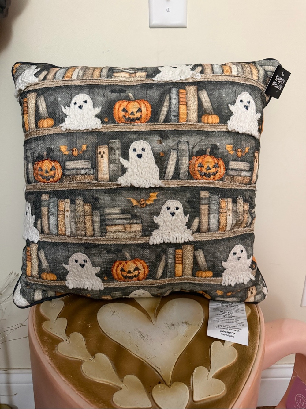 Spooky Hollow Halloween Throw Pillow with Ghosts & Bats on Book Shelf